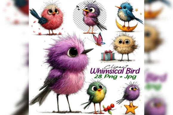Download Whimsical Bird Clipart PNG Watercolor Se - Bird Collection